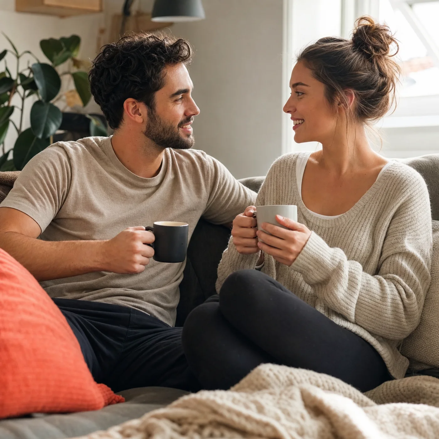 A couple sitting together on a couch sharing coffee, talking and reconnecting at home