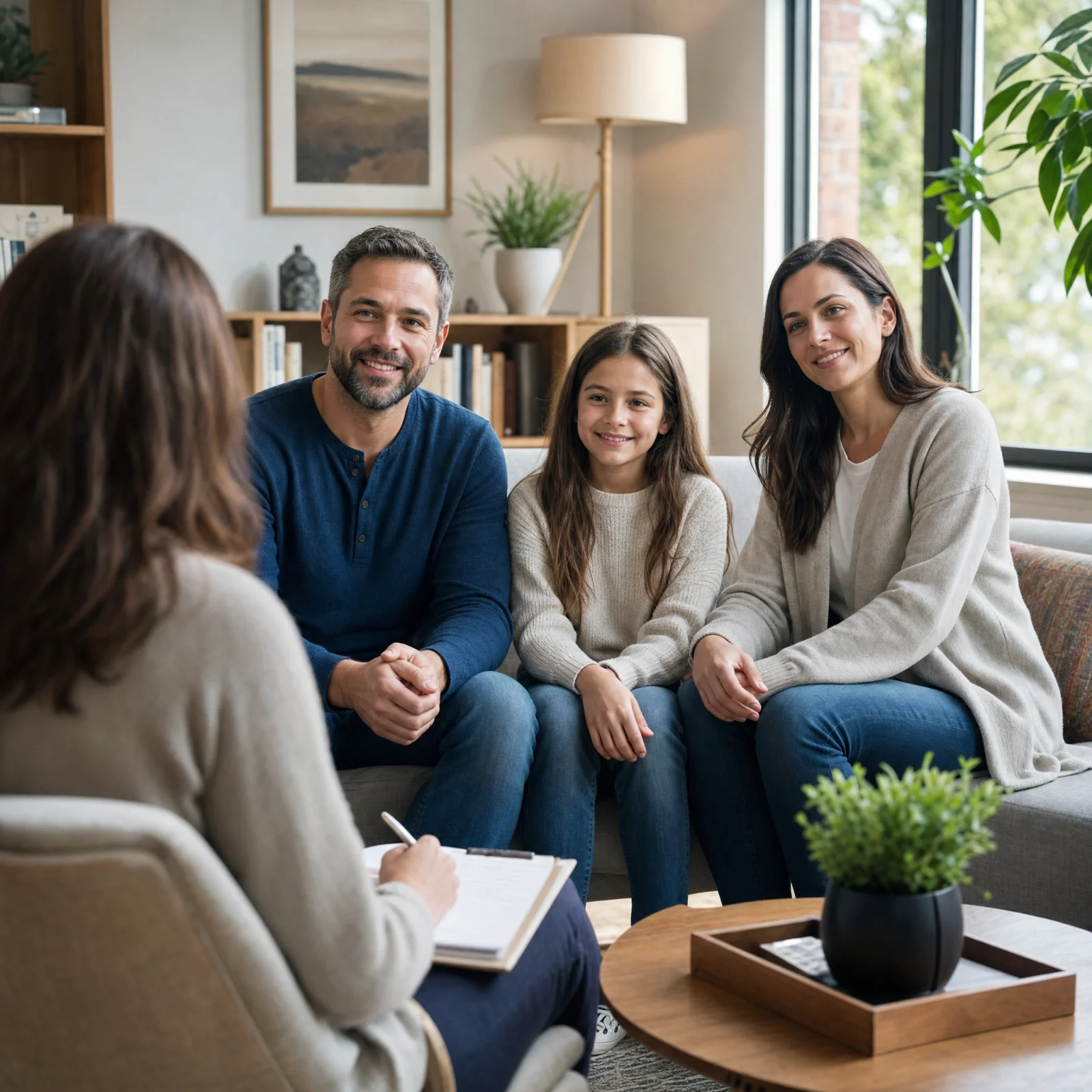 A therapist at a desk in a warm, welcoming in-person counseling office