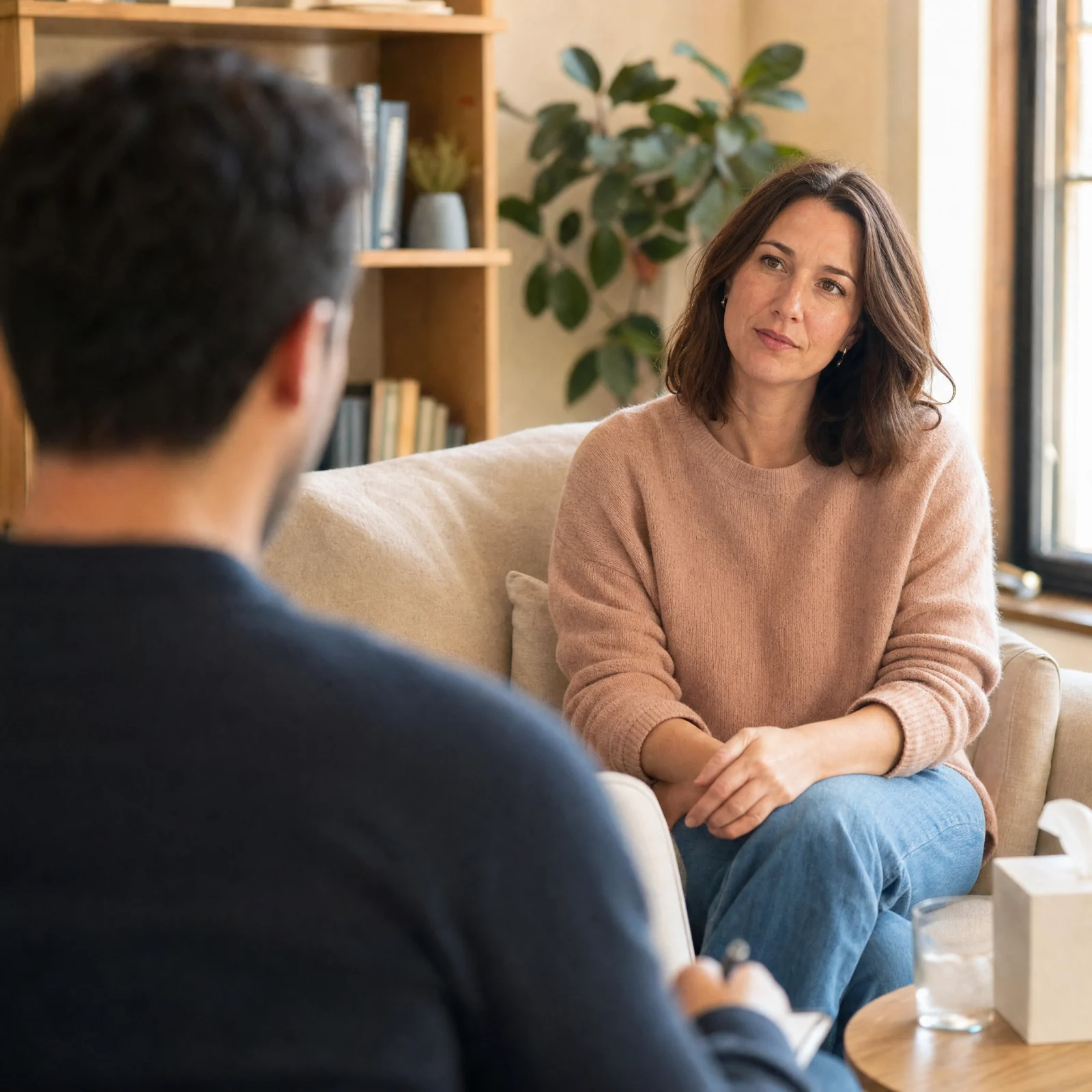 A woman in a warm counseling session, seated comfortably in a therapy office