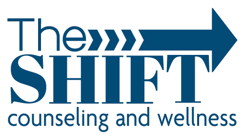 The Shift logo featuring the text "The SHIFT counseling and wellness" in blue, representing a counseling service focused on mental health support.