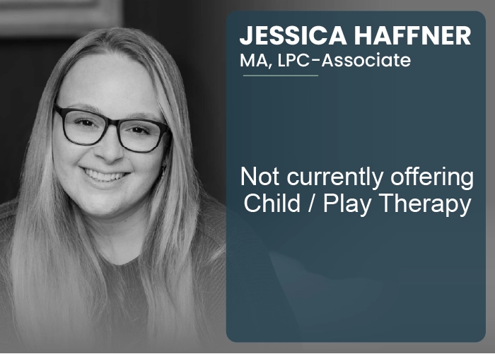 Jessica Haffner, MA, LPC-Associate, smiling with glasses, not currently offering Child/Play Therapy, representing The Shift counseling service.