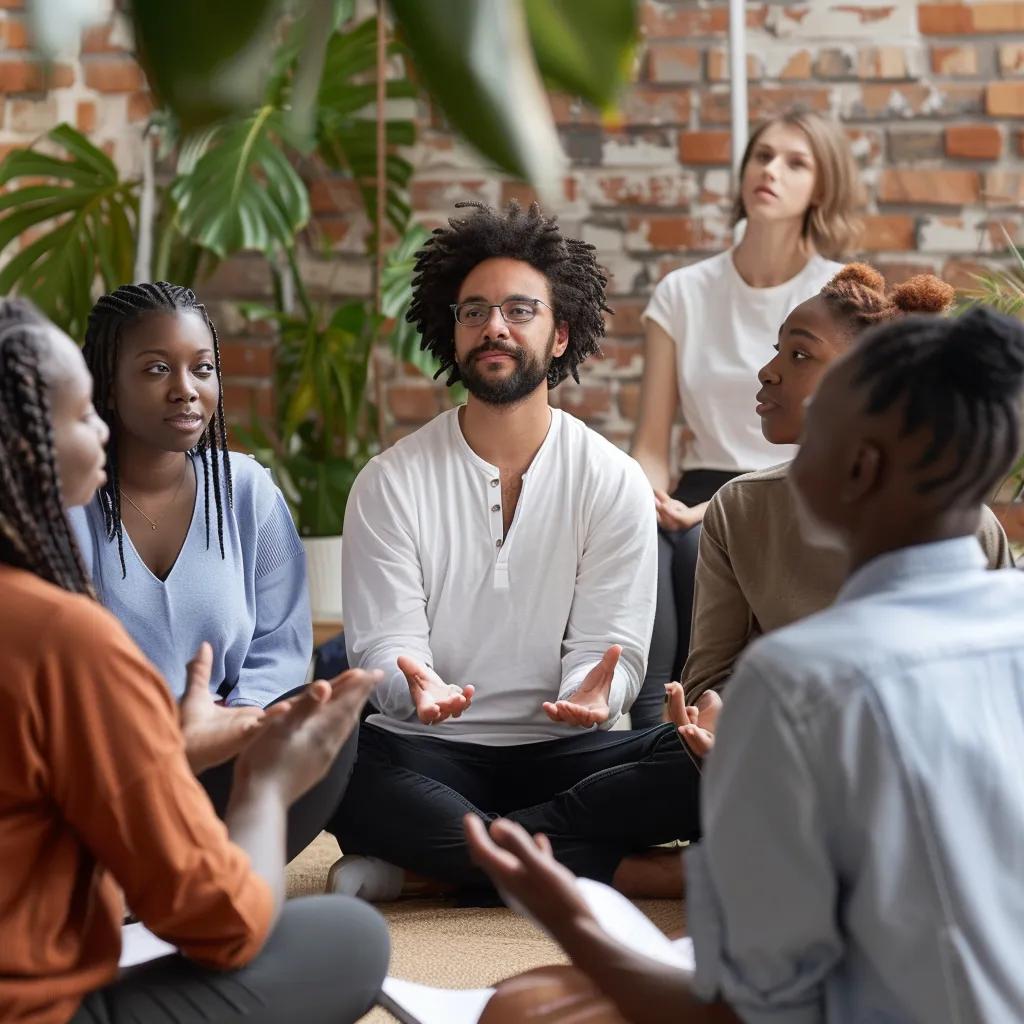 Diverse group discussing healthy anger expression techniques in a supportive environment