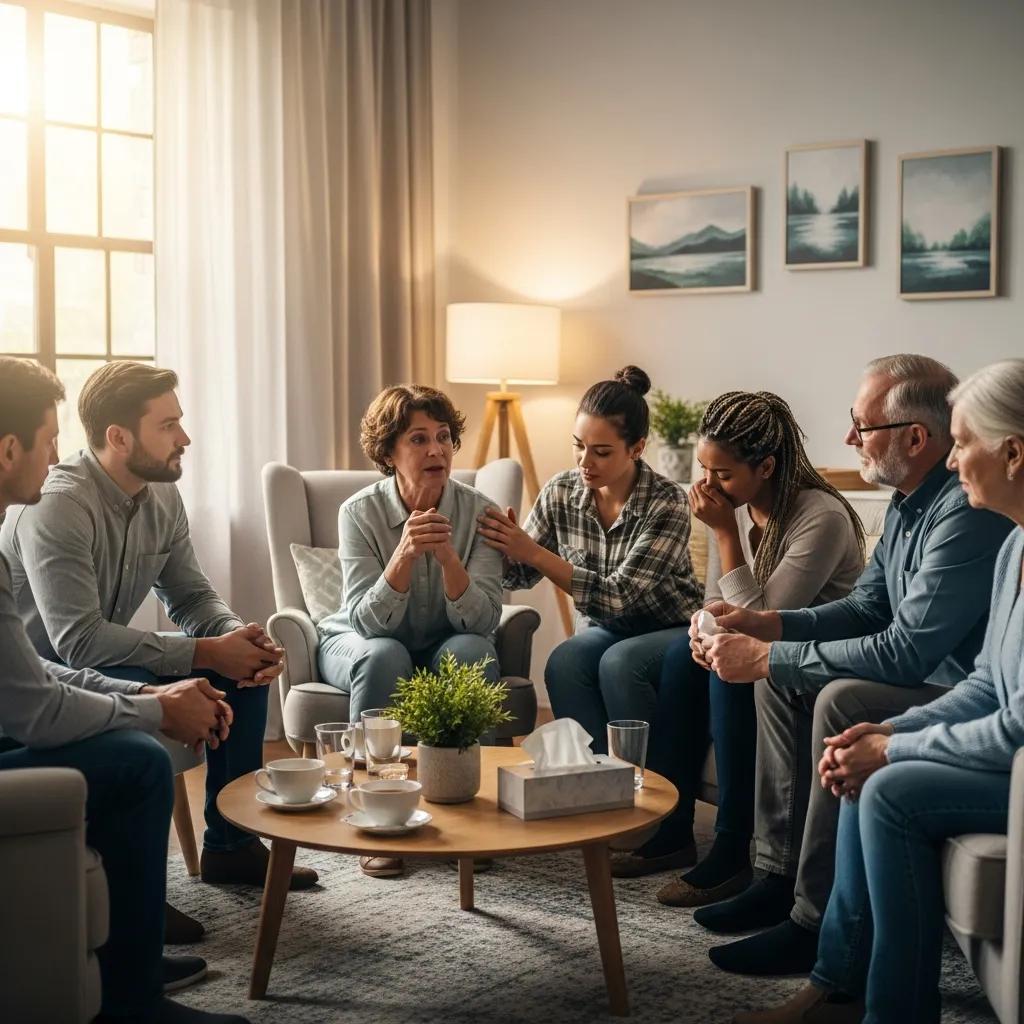 A supportive group therapy session focused on coping with grief, highlighting community and shared healing