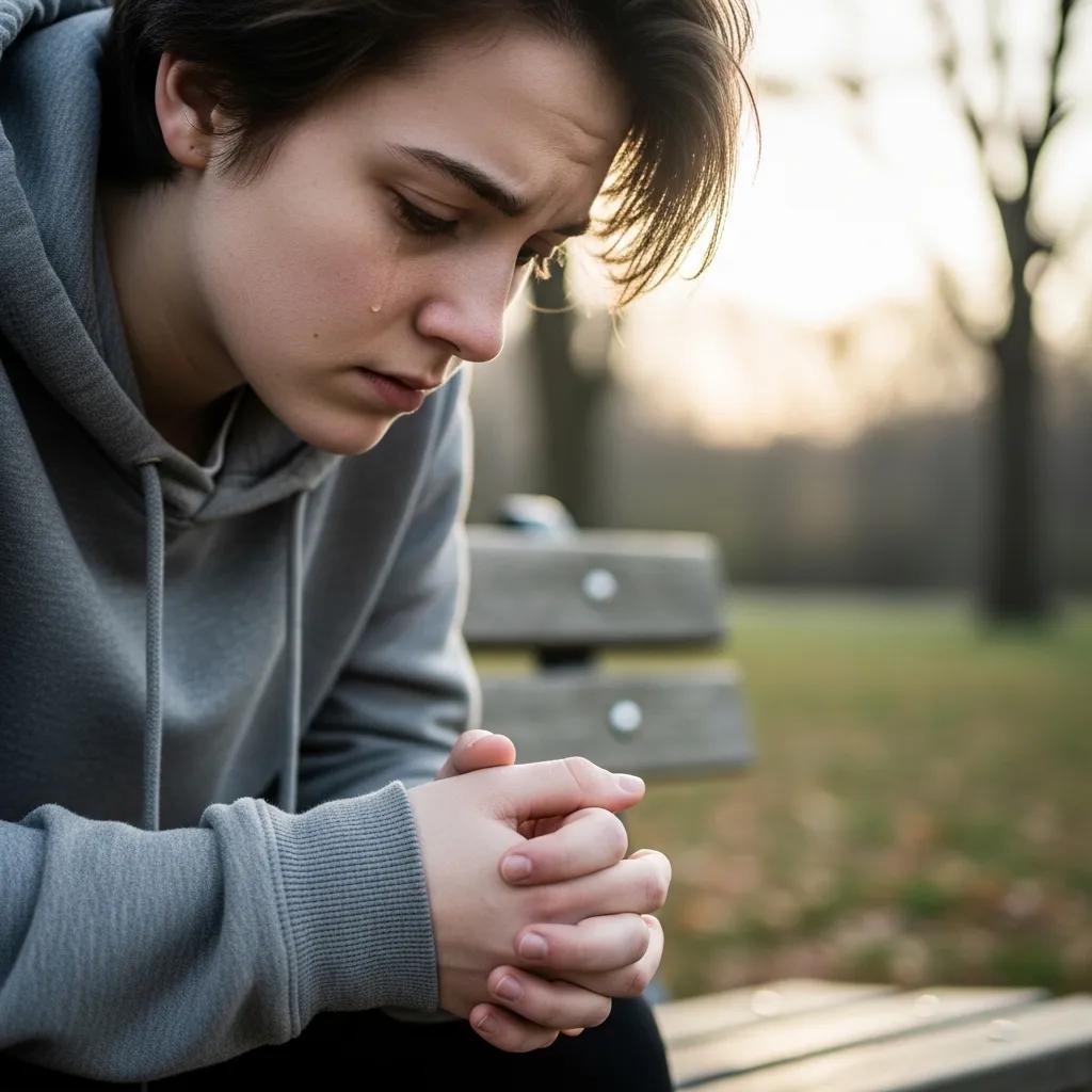 A young person sitting alone, showcasing emotional signs of depression like sadness and isolation