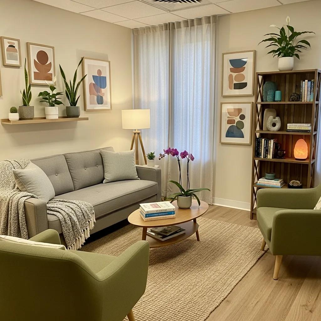 Comfortable therapy room designed for trauma counseling, emphasizing a safe and supportive environment