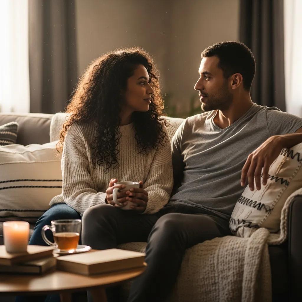 Couple discussing emotions in a cozy living room, highlighting the theme of managing anger in relationships