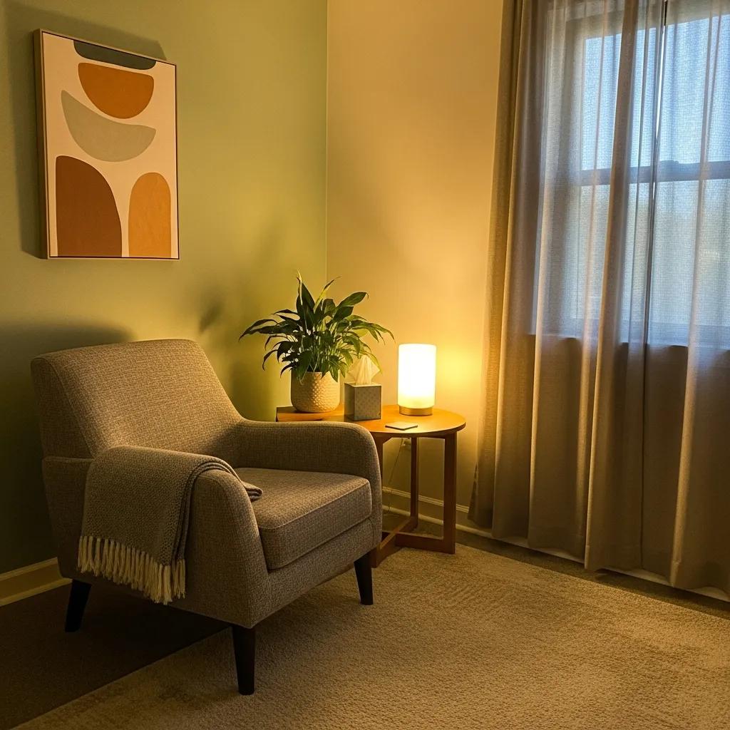 Cozy therapy room symbolizing support and comfort in grief counseling