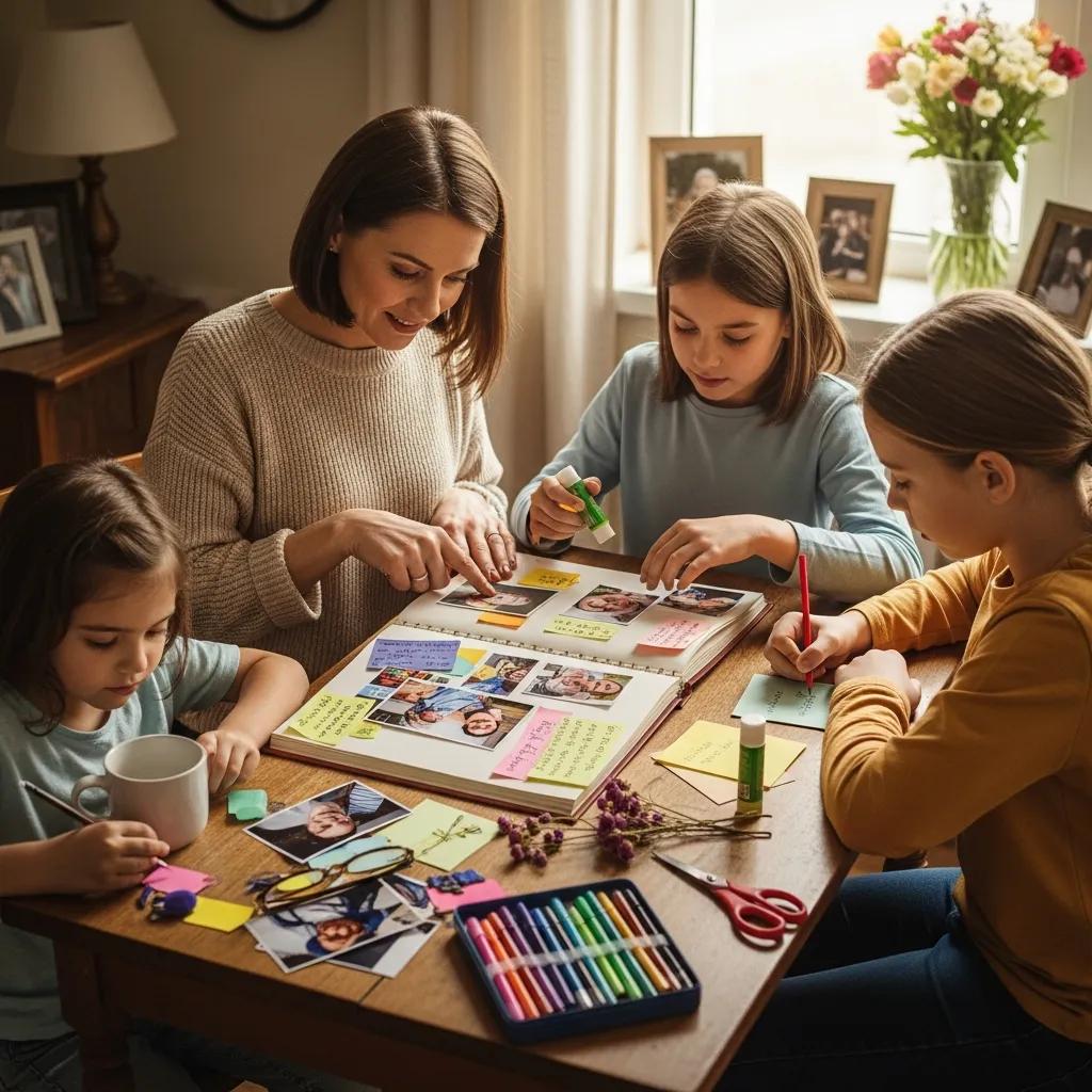 Family creating a memory book to honor a deceased parent, showcasing meaningful memorialization