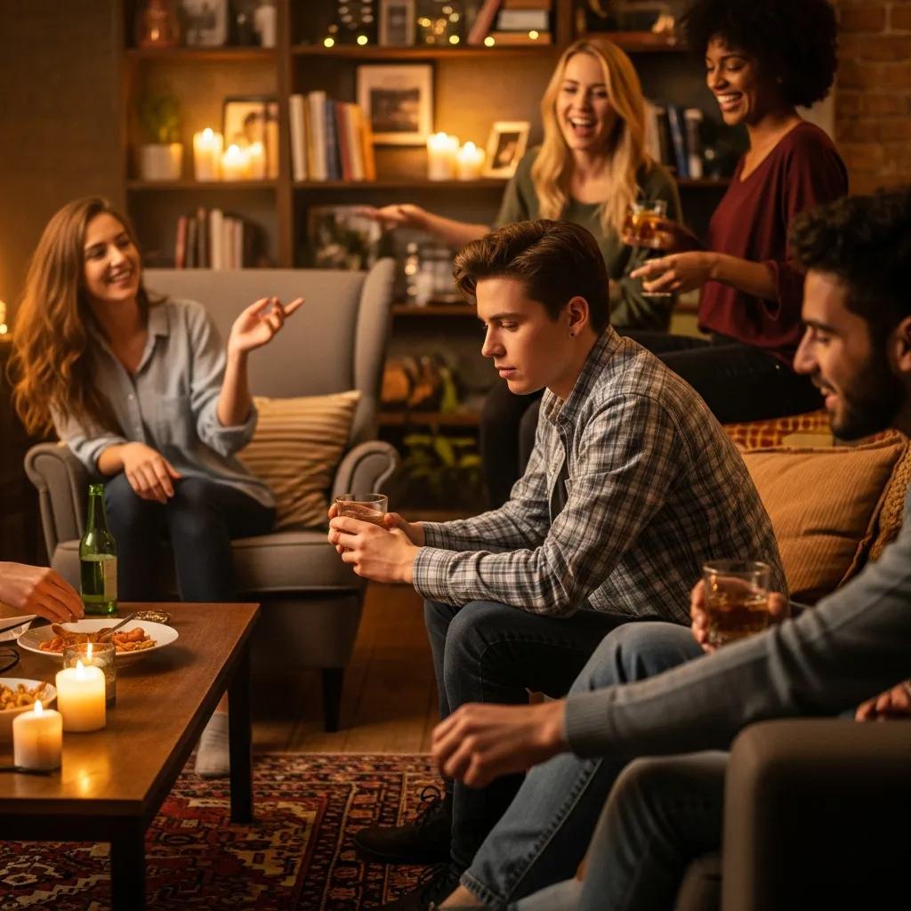 Group of friends socializing, with one person showing signs of anxiety, illustrating social anxiety symptoms