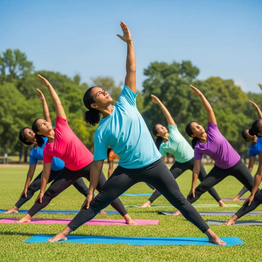 Group of individuals practicing yoga outdoors in a park, highlighting physical activities for stress reduction