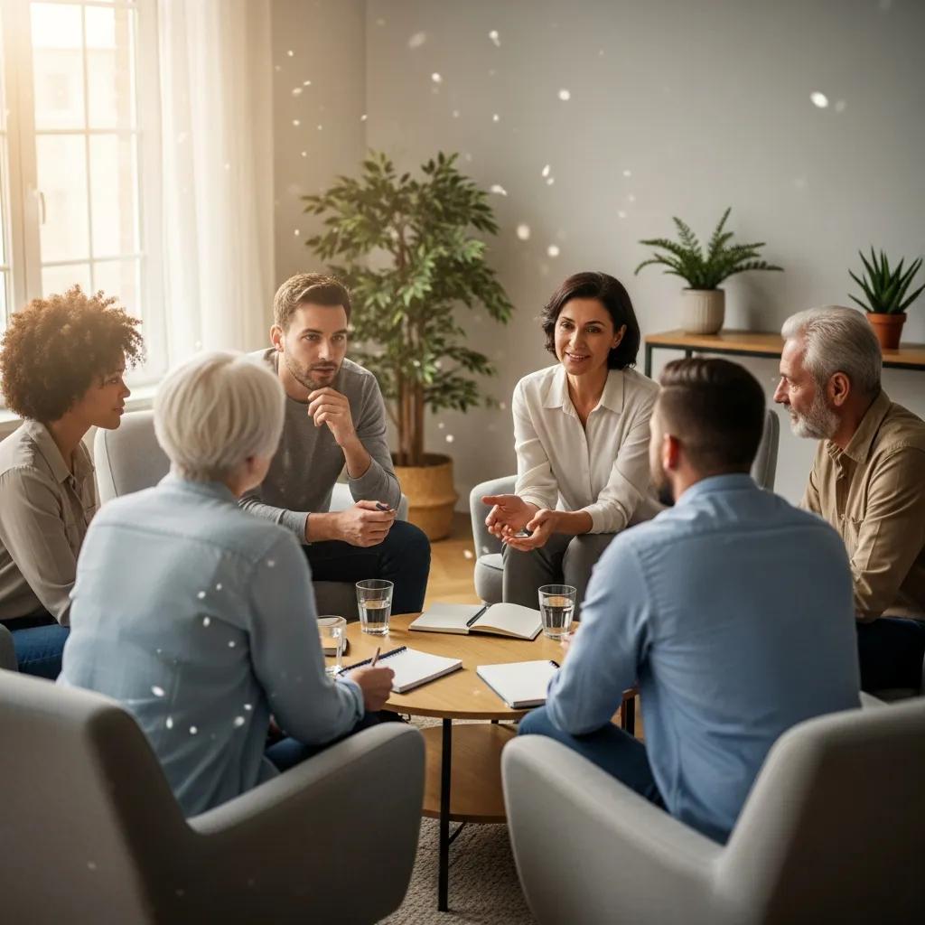 Group therapy session focused on anger management techniques, illustrating collaborative learning
