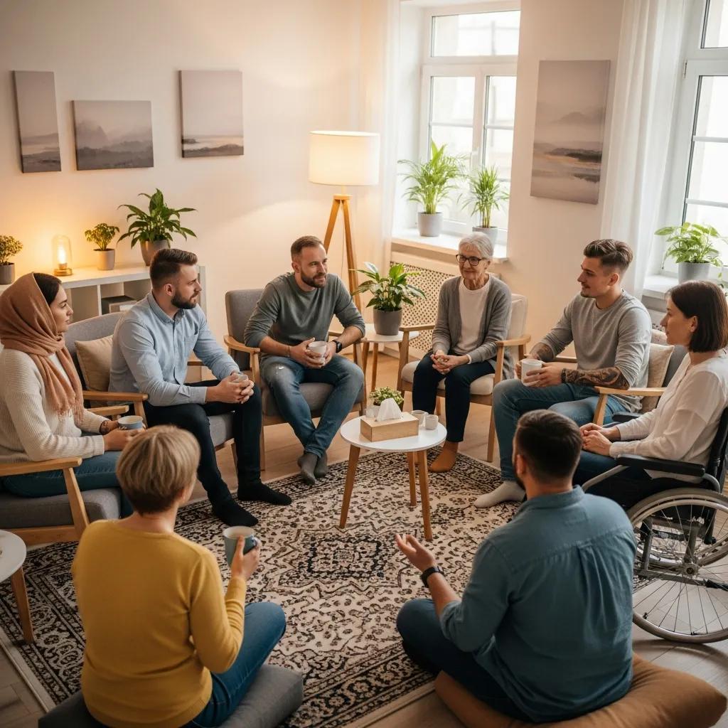 Group therapy session for anger management with participants sharing experiences