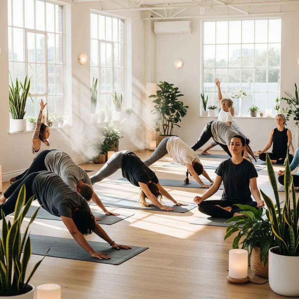 Group yoga class promoting stress relief and emotional wellness