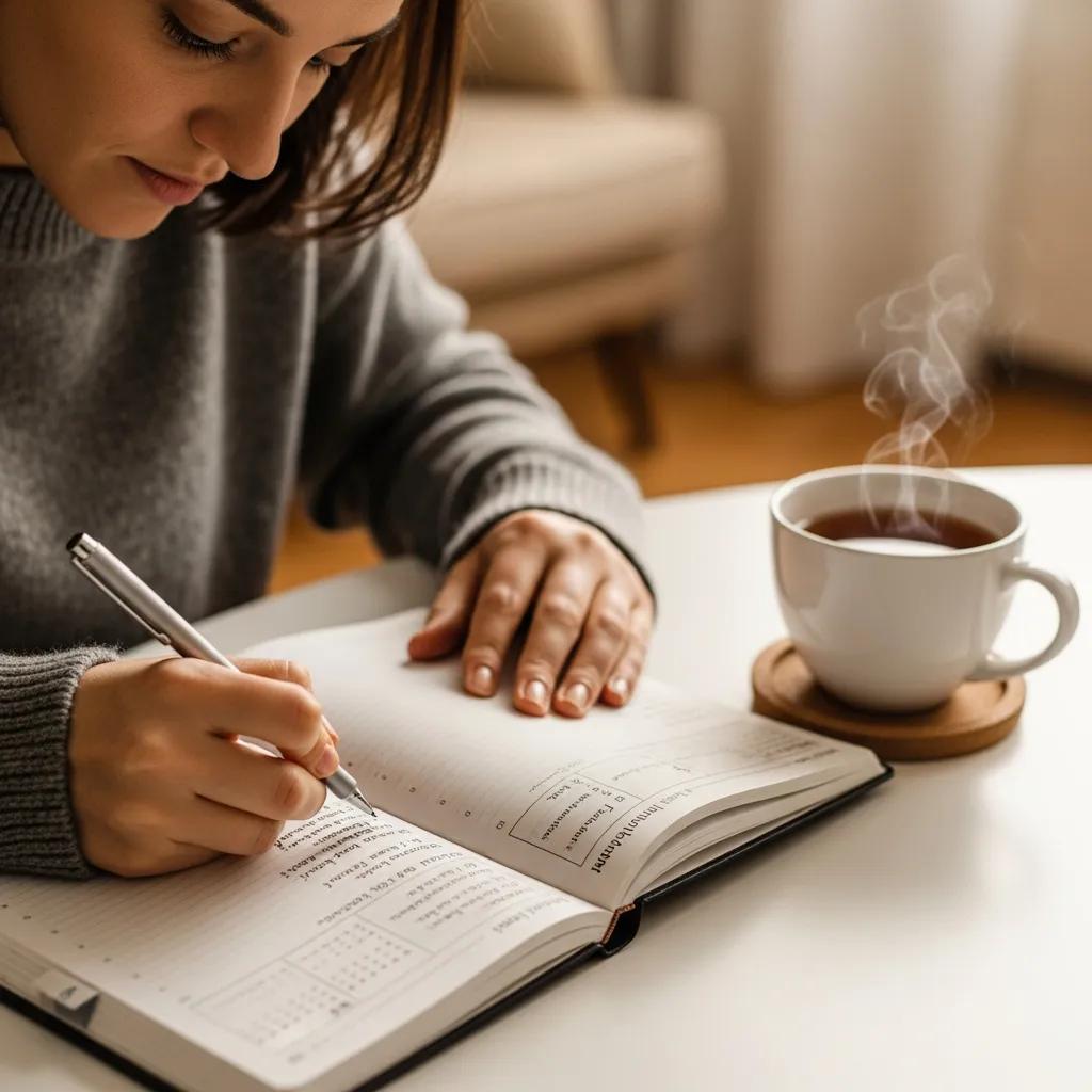 Individual organizing their planner to set effective work boundaries