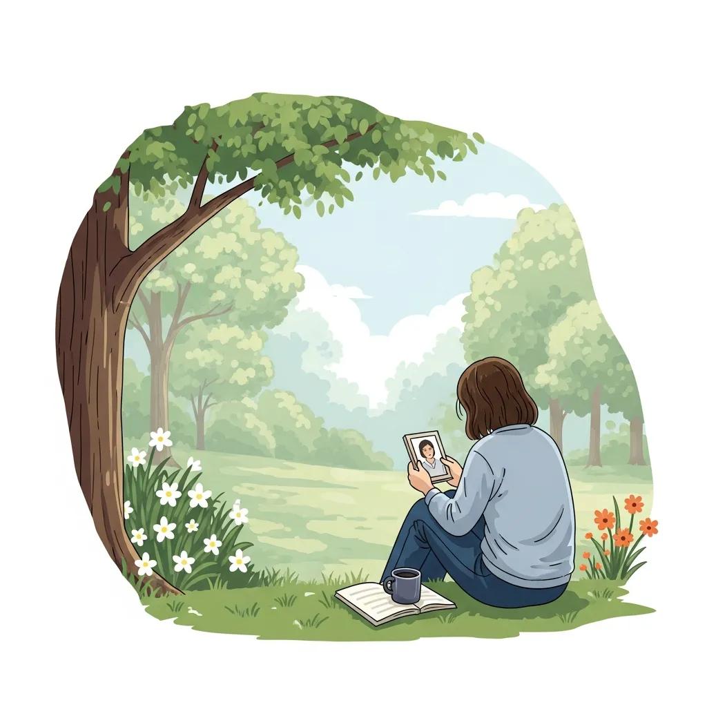 Individual reflecting on loss in a peaceful park setting, symbolizing complicated grief