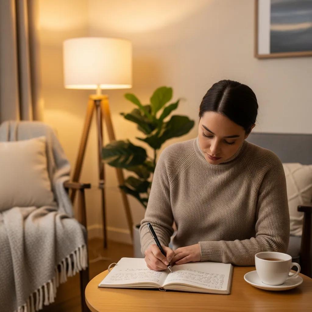 Individual writing in a thought journal, illustrating cognitive behavioral techniques for anger management