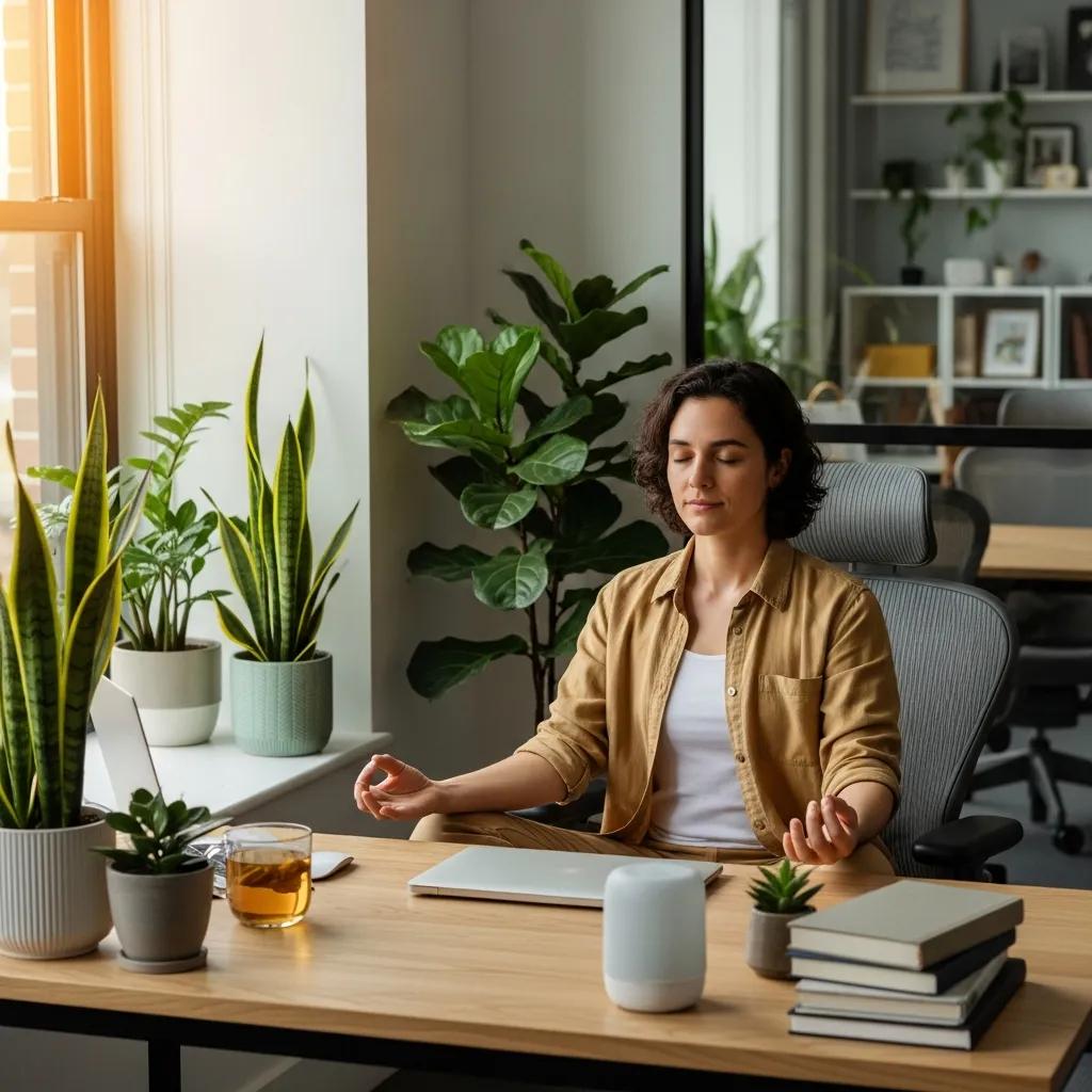 Mindful individual in a serene office setting promoting work stress management
