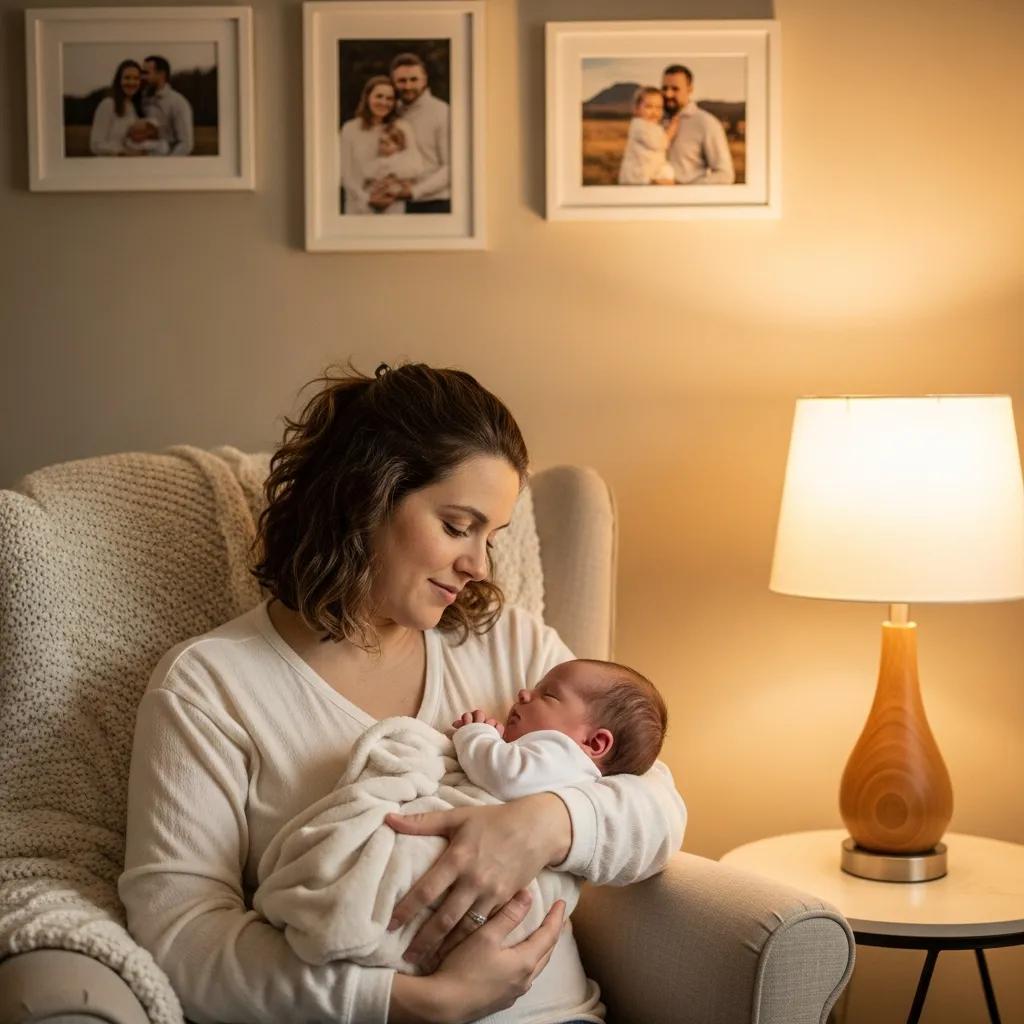 New mother cradling baby in a cozy room, symbolizing support and healing from postpartum depression