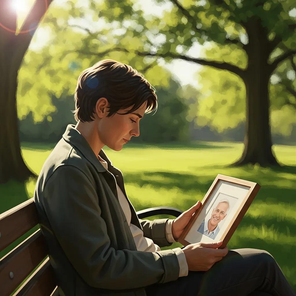 Person holding a photo of a parent in a peaceful park setting, symbolizing grief and remembrance
