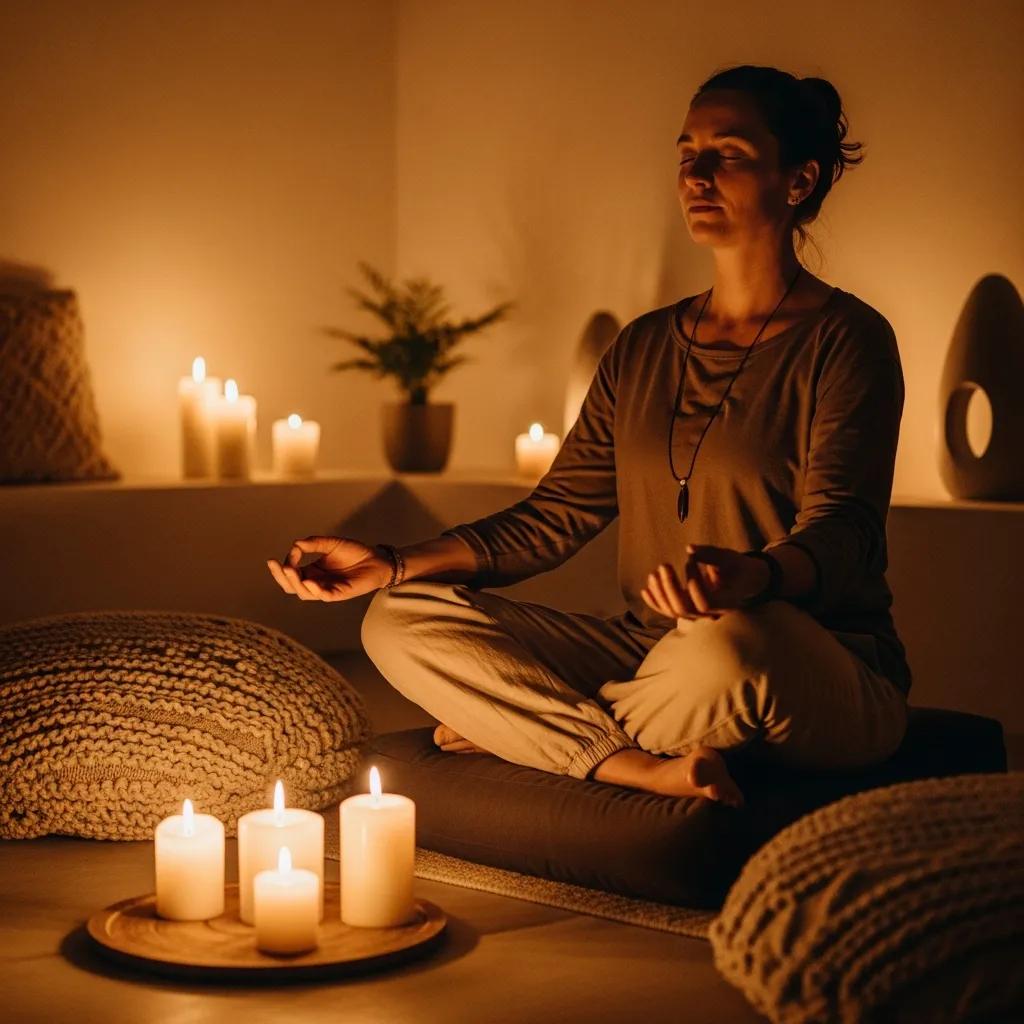 Person meditating in a peaceful indoor environment with soft lighting