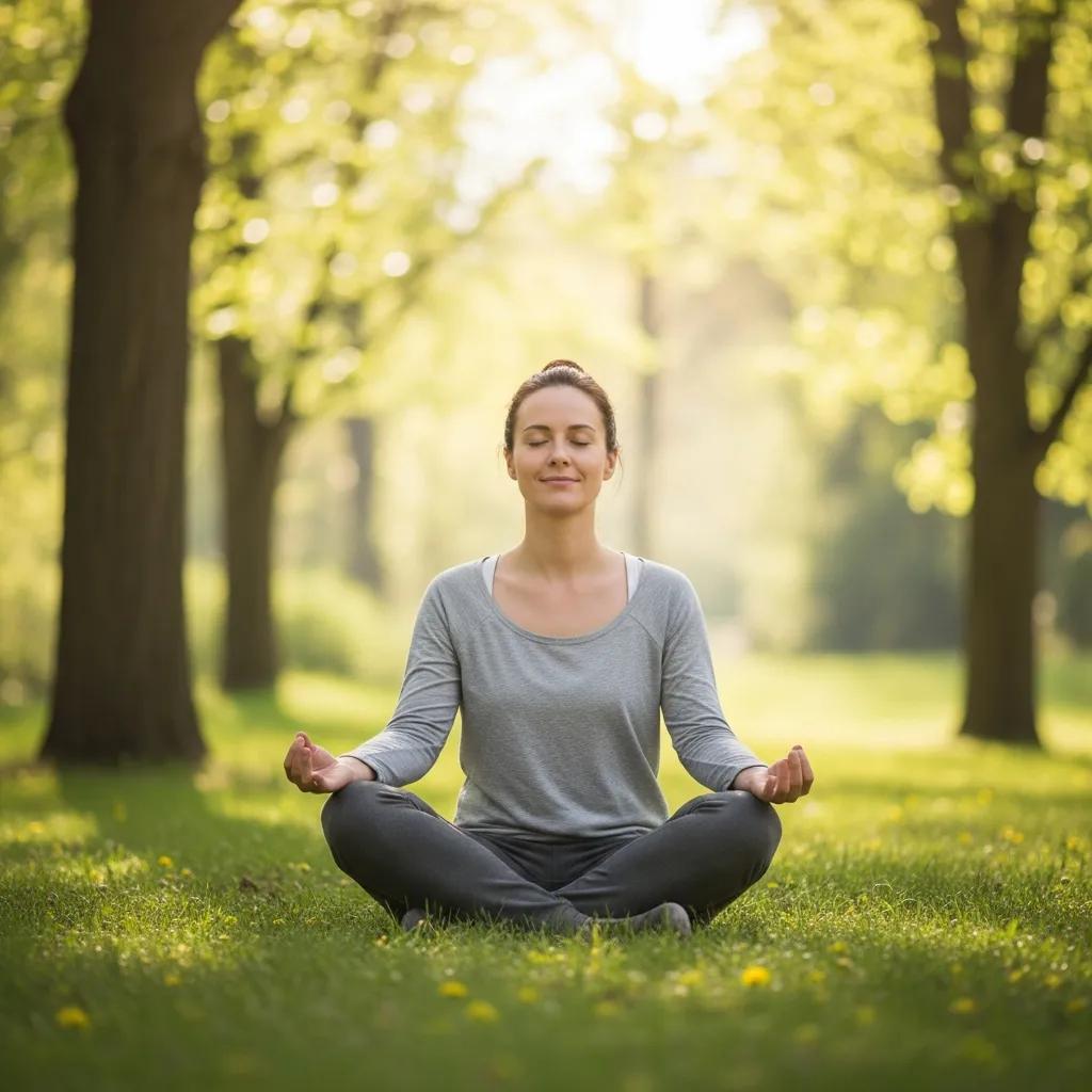 Person practicing mindfulness outdoors in a serene natural setting