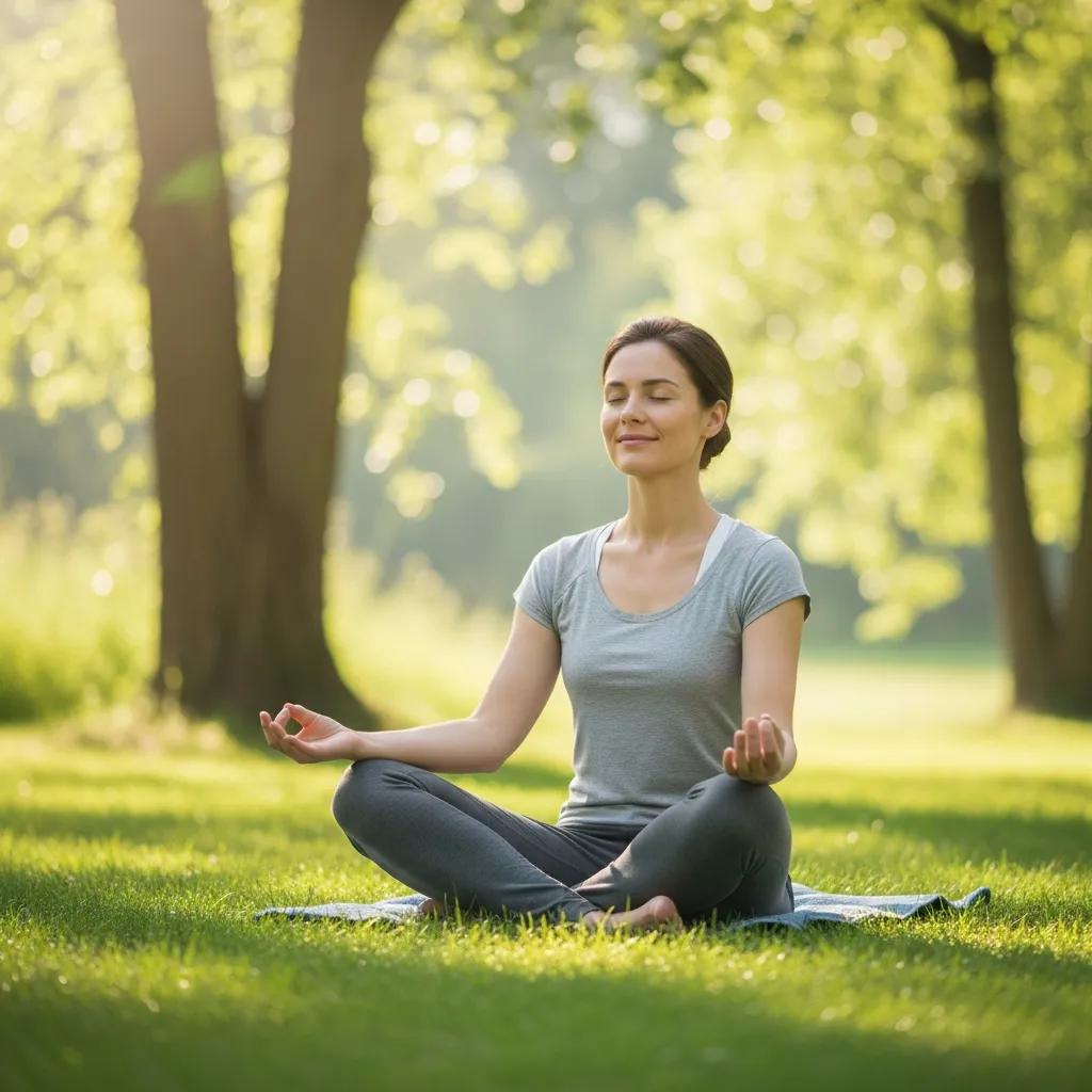 Person practicing mindfulness outdoors, surrounded by nature, promoting stress management and relaxation
