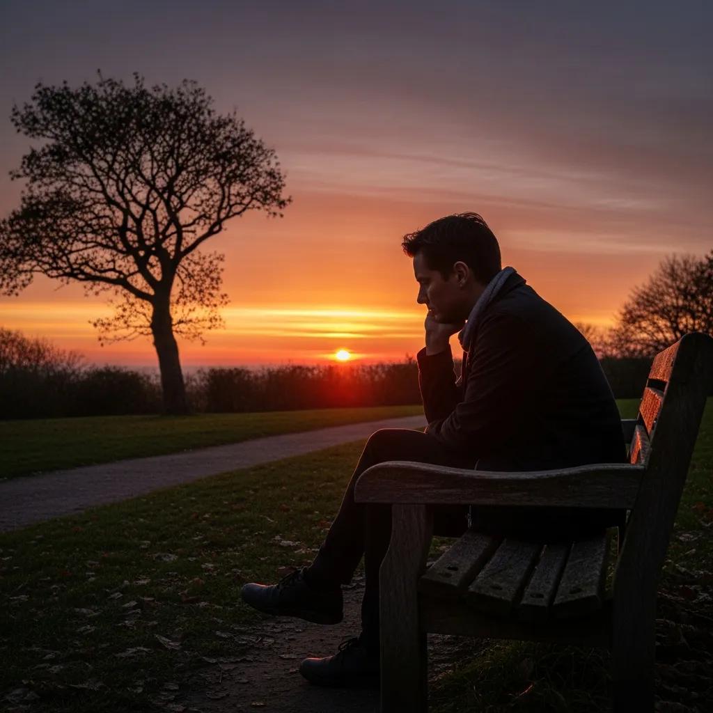 Person reflecting on grief and depression during a sunset in a peaceful park