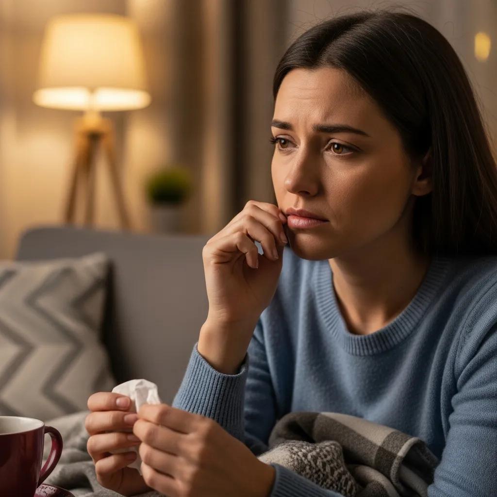 Person showing signs of emotional distress while sitting in a cozy living room, illustrating prolonged grief symptoms