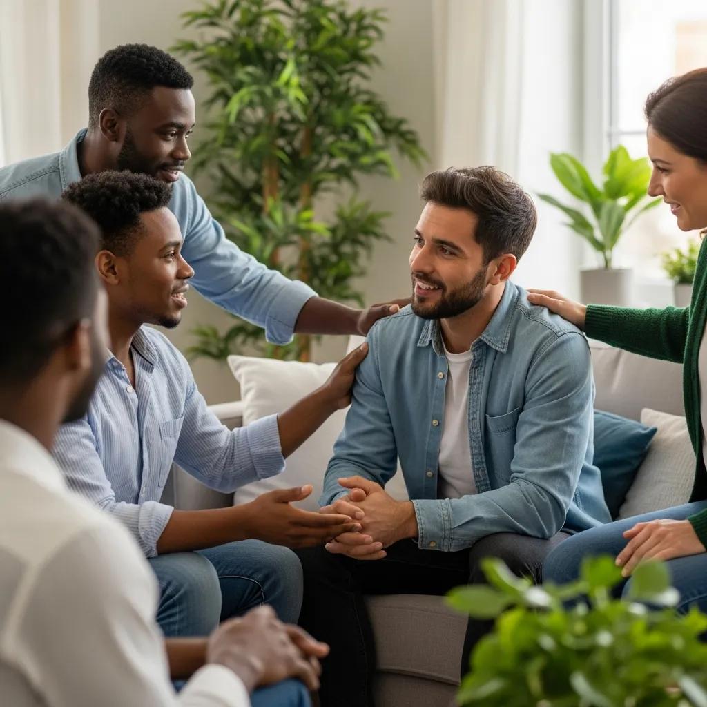 Supportive friends and family engaging in conversation to help someone recovering from depression