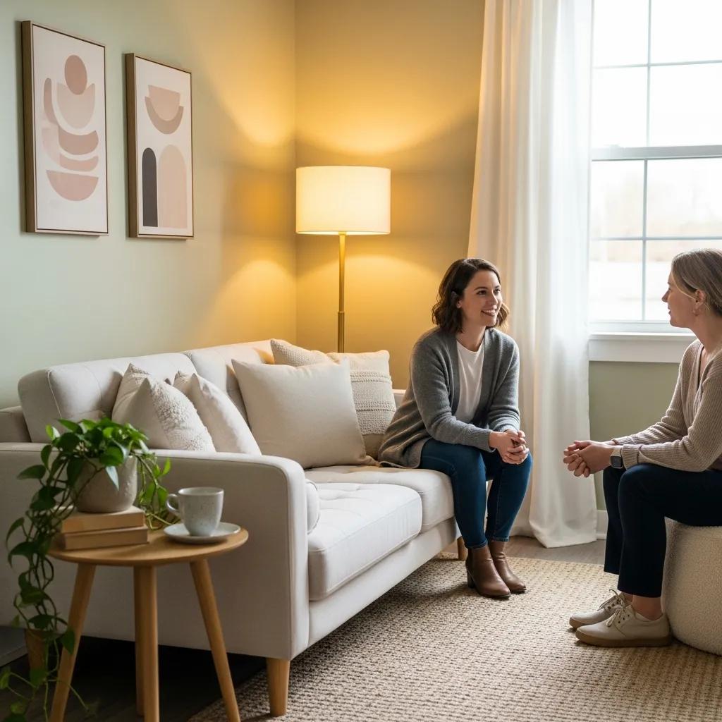 Therapist and client in a cozy therapy room, symbolizing effective counseling options for high-functioning anxiety