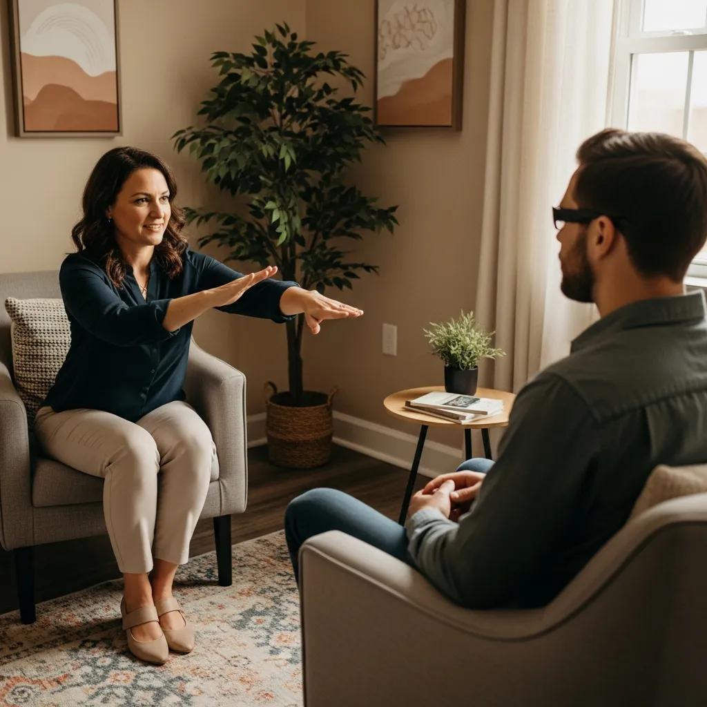 Therapist demonstrating EMDR technique with a client in a supportive therapy session