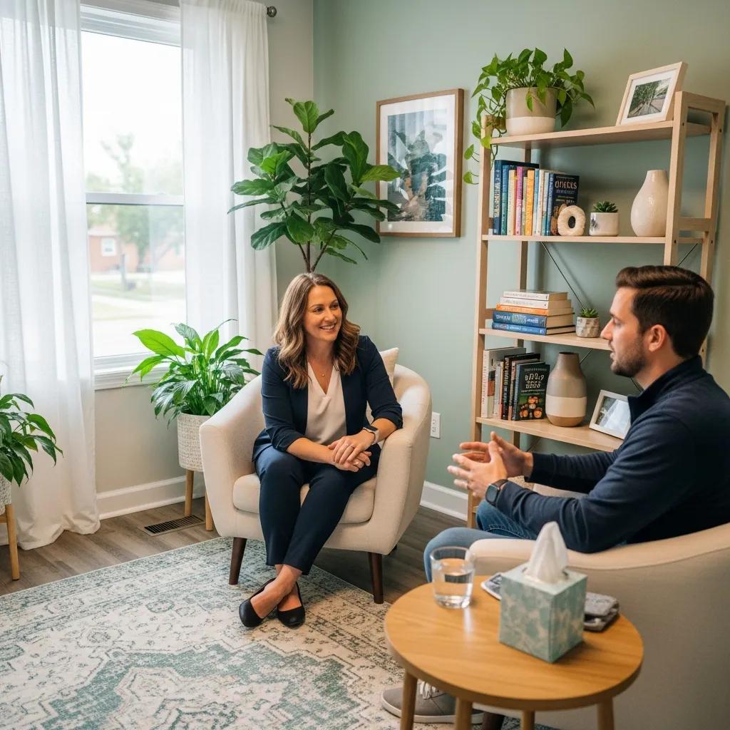 Therapist engaging with a client in a warm and inviting office, highlighting anger management therapy options