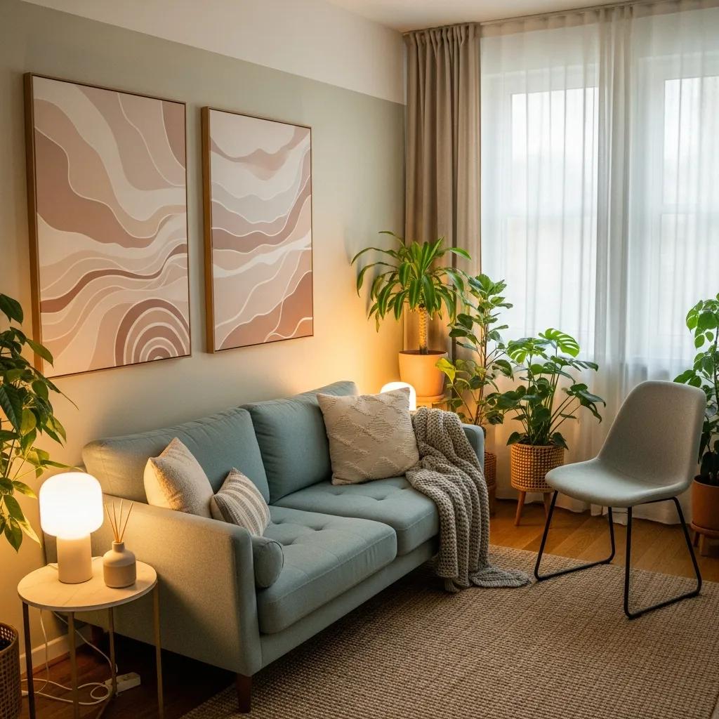 Therapy room designed for EMDR therapy, featuring calming decor and a comfortable setting