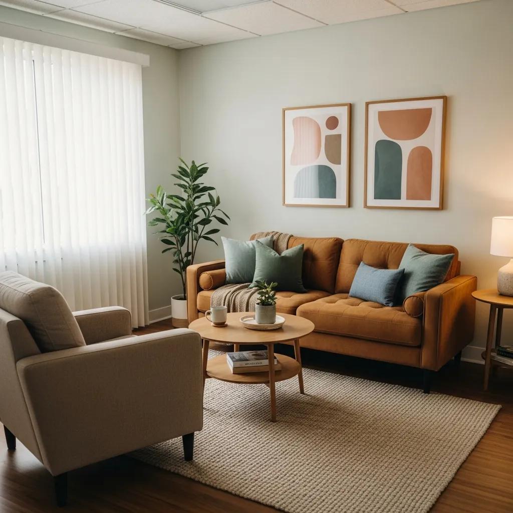 Therapy room with comfortable seating and calming decor for depression therapy