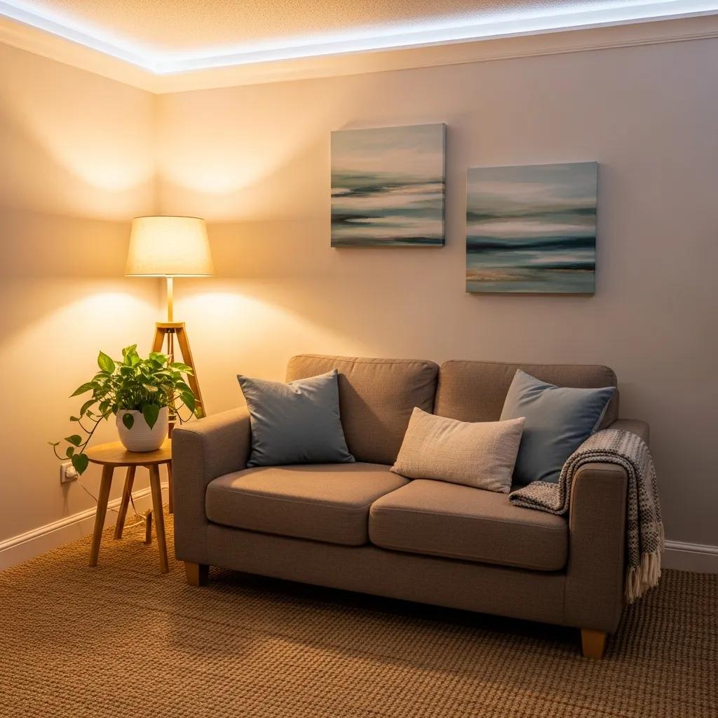 Therapy room with comfortable seating and calming decor, representing anxiety therapy
