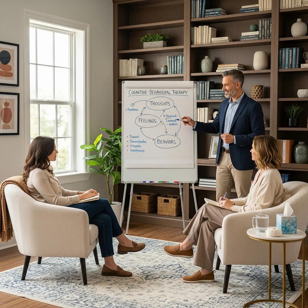 Therapist explaining Cognitive Behavioral Therapy methods in a welcoming therapy room