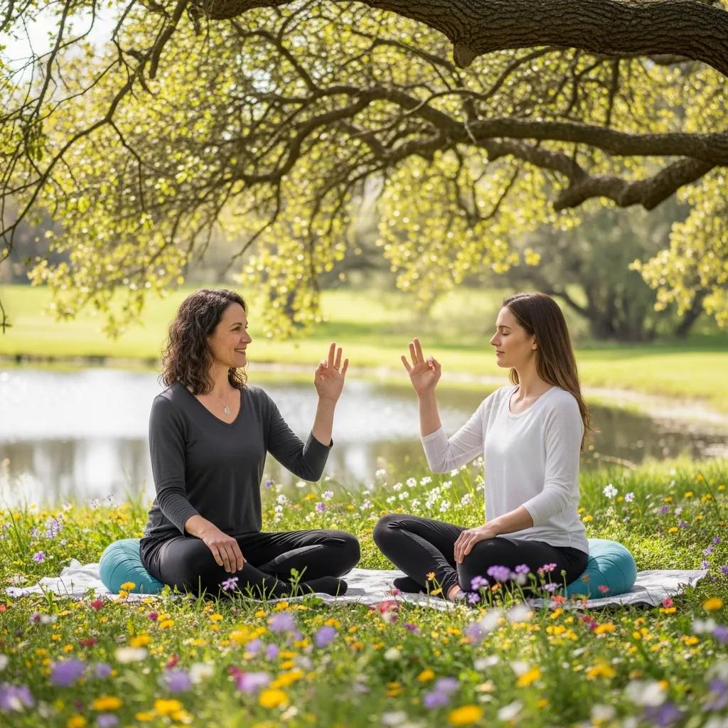 Therapist guiding a client in mindfulness techniques outdoors for anxiety management