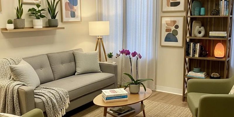 Comfortable therapy room designed for trauma counseling, emphasizing a safe and supportive environment