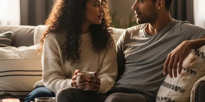 Couple discussing emotions in a cozy living room, highlighting the theme of managing anger in relationships