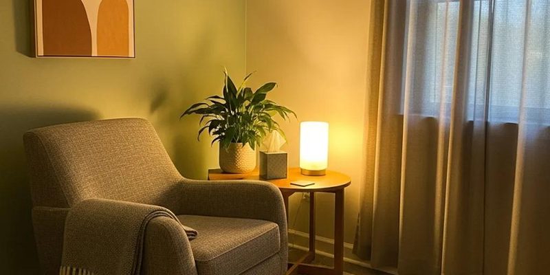 Cozy therapy room symbolizing support and comfort in grief counseling