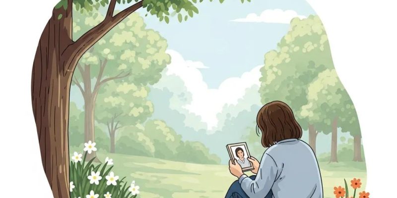 Individual reflecting on loss in a peaceful park setting, symbolizing complicated grief