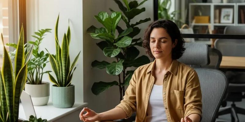 Mindful individual in a serene office setting promoting work stress management