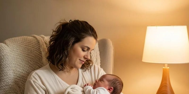New mother cradling baby in a cozy room, symbolizing support and healing from postpartum depression