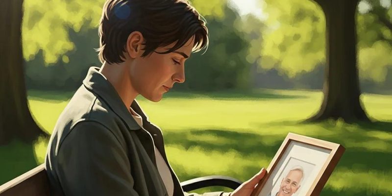 Person holding a photo of a parent in a peaceful park setting, symbolizing grief and remembrance