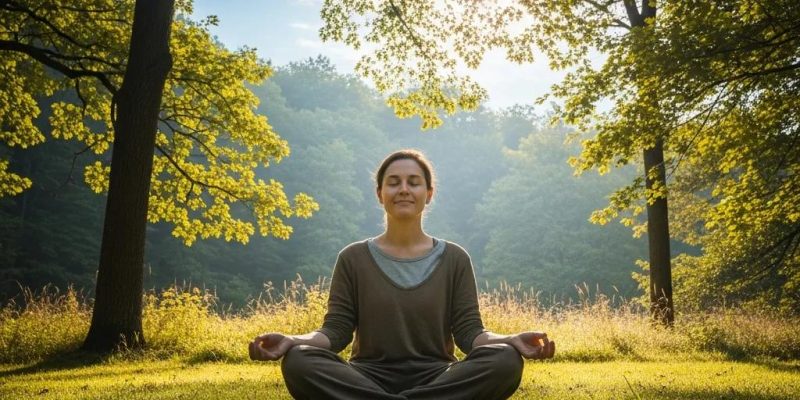 Person practicing mindfulness in nature, representing emotional balance and anger management
