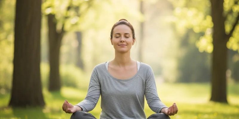 Person practicing mindfulness outdoors in a serene natural setting