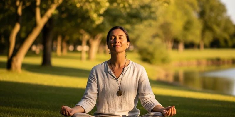 Person practicing mindfulness outdoors, representing stress management and relaxation techniques