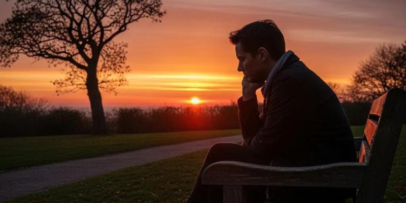 Person reflecting on grief and depression during a sunset in a peaceful park