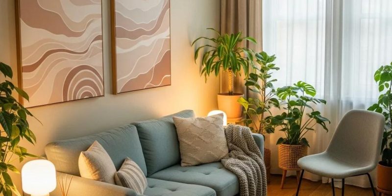 Therapy room designed for EMDR therapy, featuring calming decor and a comfortable setting