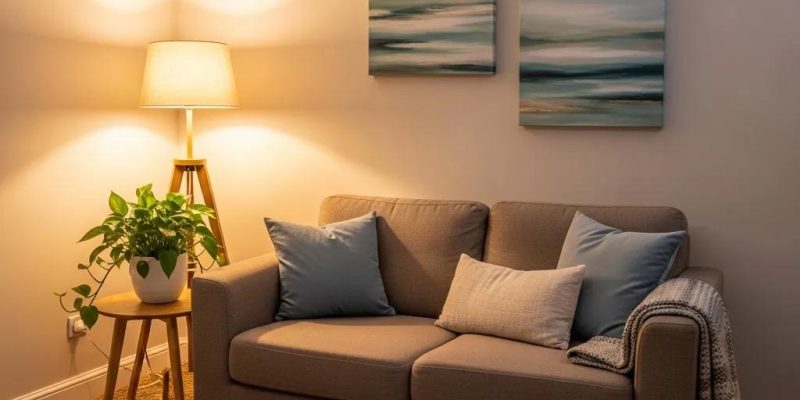 Therapy room with comfortable seating and calming decor, representing anxiety therapy